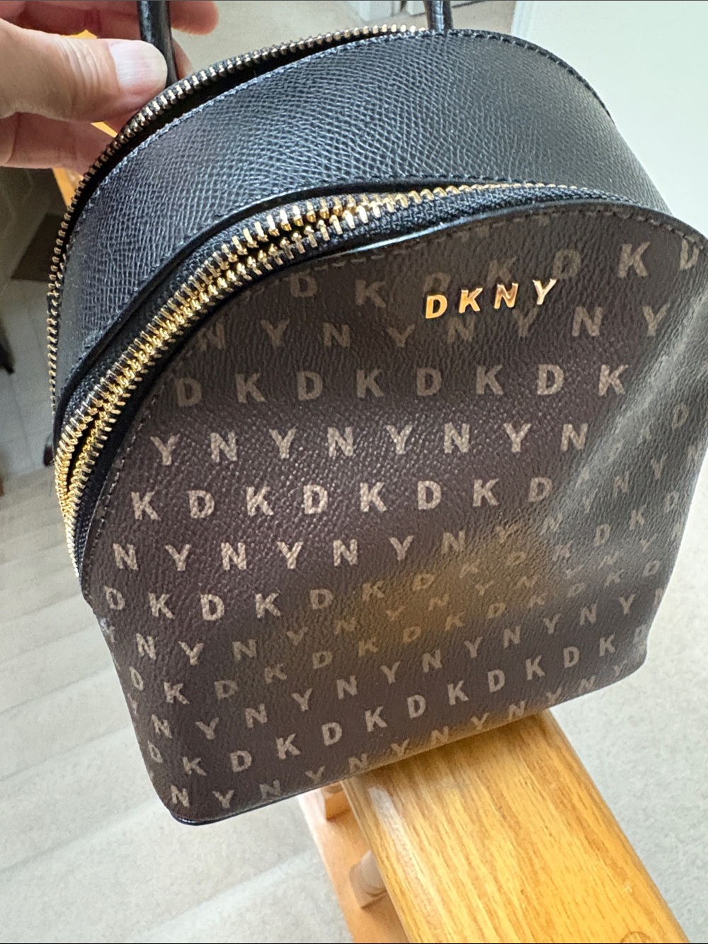 DKNY Brown and Black Monogram Mini Backpack with Gold Hardware